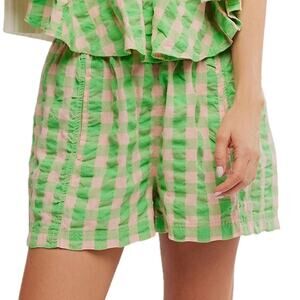 Free People Mid Rise Exotic Lime Gingham Get Free Seersucker Pull On Shorts